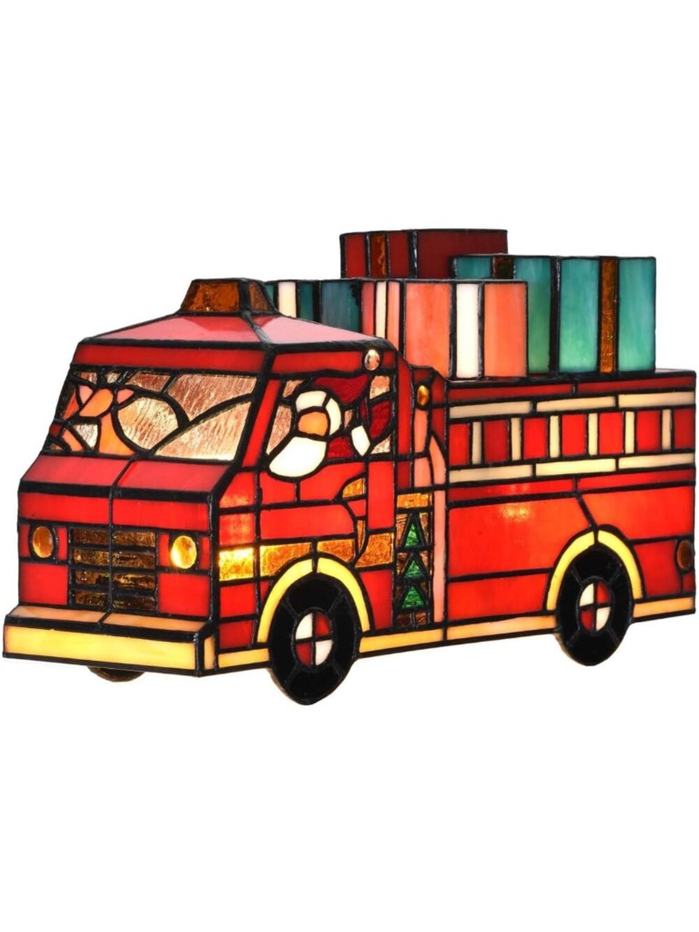 Handmade Stained Glass Christmas Fire Truck Table Lamp with Santa & Reindeer, 12